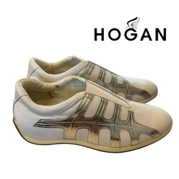 NEW HOGAN Women's Italy Side Web Pull On Canvas Leather White Sneakers 39  9 - Picture 2 of 8
